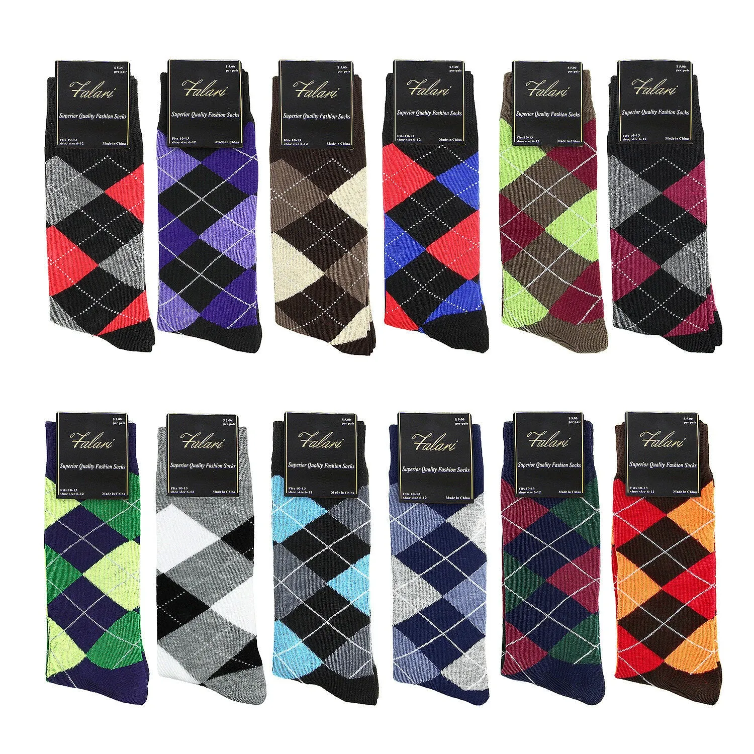 12 Pairs Assorted Argyle Casual Dress Socks