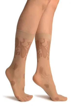 Beige With Large Paisley & Clover Socks Knee High
