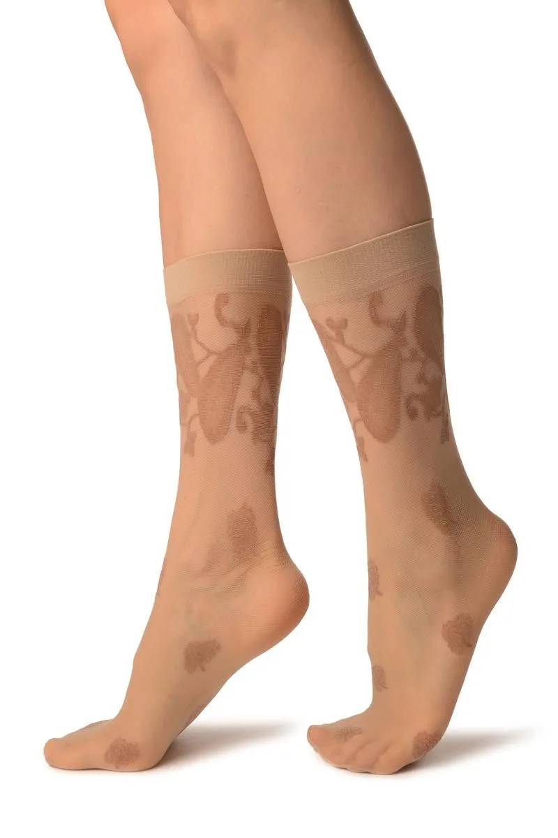 Beige With Large Paisley & Clover Socks Knee High