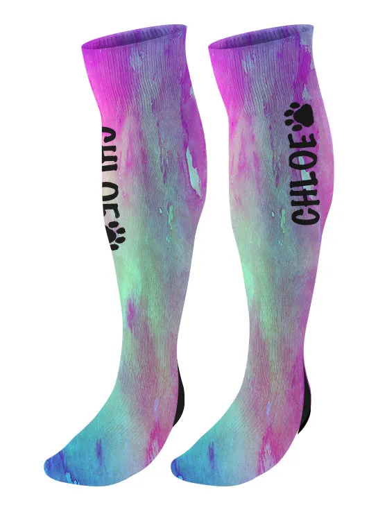 Personalized  Paw Print Knee High Socks, Watercolor Background, Custom Mascot Paw Socks