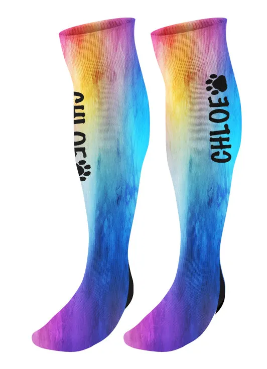 Personalized  Paw Print Knee High Socks, Watercolor Background, Custom Mascot Paw Socks