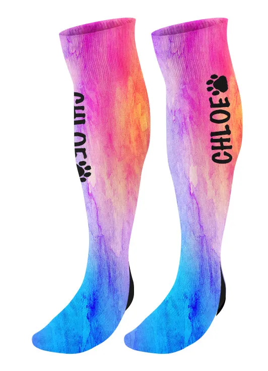 Personalized  Paw Print Knee High Socks, Watercolor Background, Custom Mascot Paw Socks