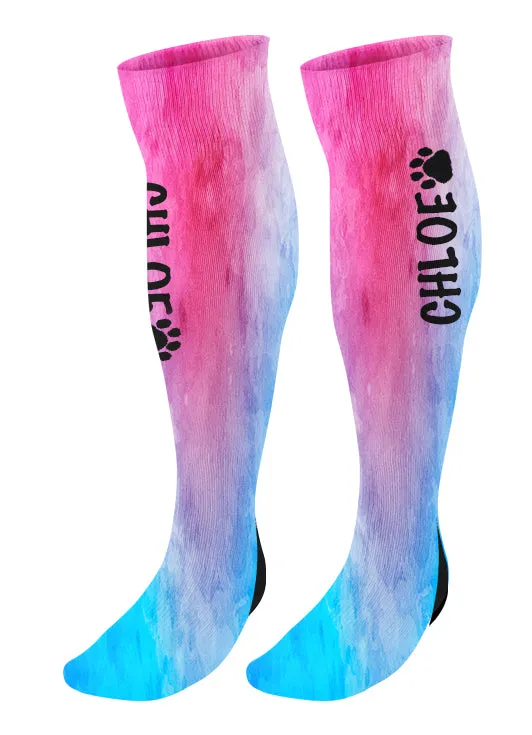Personalized  Paw Print Knee High Socks, Watercolor Background, Custom Mascot Paw Socks