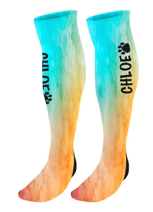 Personalized  Paw Print Knee High Socks, Watercolor Background, Custom Mascot Paw Socks