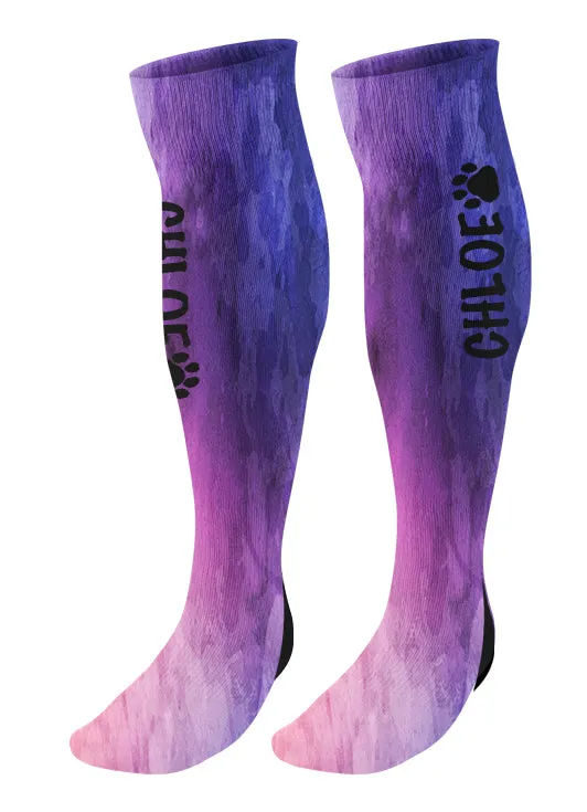 Personalized  Paw Print Knee High Socks, Watercolor Background, Custom Mascot Paw Socks